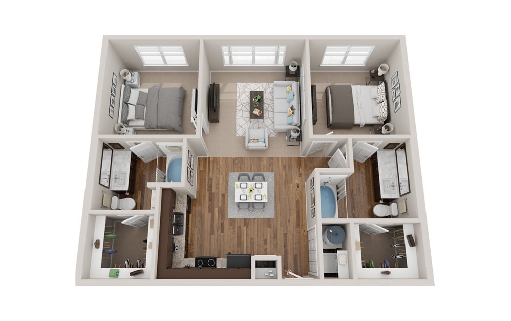 B1 - 2 bedroom floorplan layout with 2 baths and 1000 to 1010 square feet.