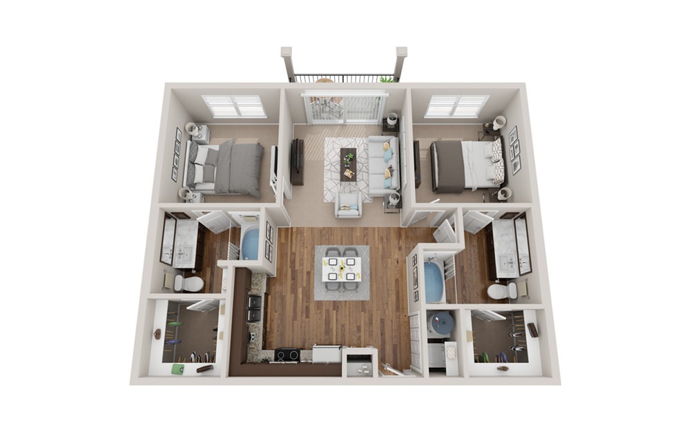 B1t - 2 bedroom floorplan layout with 2 bathrooms and 1060 square feet