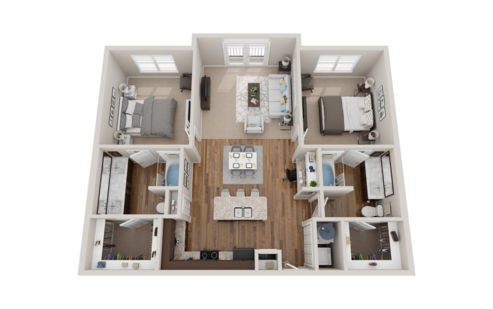 B2j - 2 bedroom floorplan layout with 2 baths and 1160 to 1180 square feet.