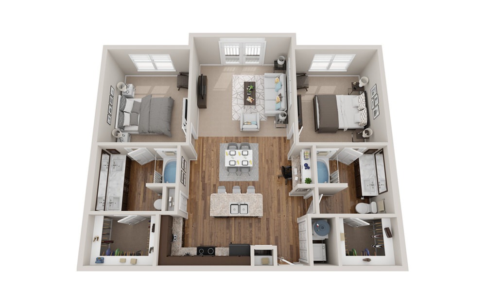 B2j - 2 bedroom floorplan layout with 2 bathrooms and 1160 - 1180 square feet