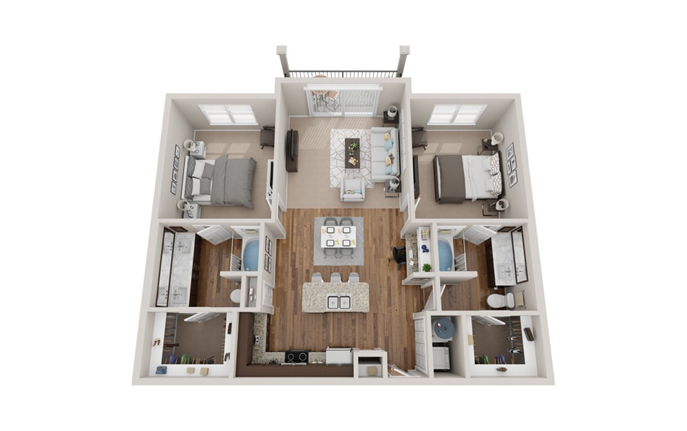 B2t - 2 bedroom floorplan layout with 2 bathrooms and 1230 square feet